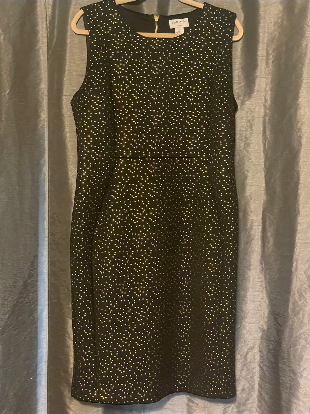 Carmen Marc Valvo Black Midi Sheath Dress with Gold Dot Print